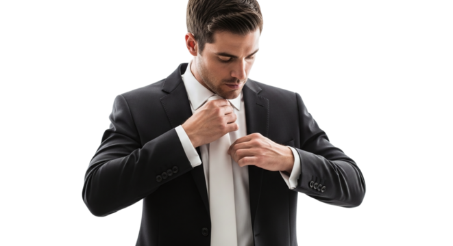 Handsome businessman adjusting his tie isolated on transparent background, showcasing confidence, professionalism, and attention to detail in corporate setting