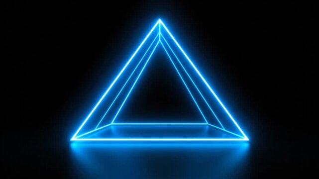 Abstract glowing neon blue triangular prism shape with a reflective surface on a dark background
