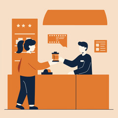 Woman handing film canister to attendant over counter, minimal illustration