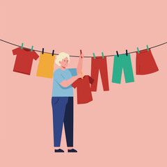 Person hangs clothes on a line in a flat illustration against a pink background