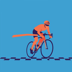Cyclist crosses finish line on a blue background with orange and purple lines