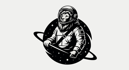 Black and white illustration of a lion wearing an astronaut helmet and suit floating in space with a ringed planet behind it © PixelSaga MH2 