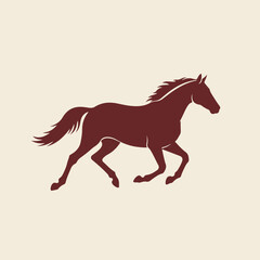 Brown silhouette of horse galloping on cream background, mane and tail flowing