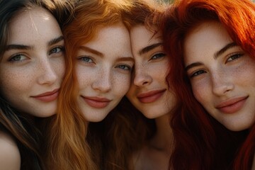 Fototapeta premium Close-up portrait of four women with various shades of red and brown hair, showcasing natural beauty and close connection.