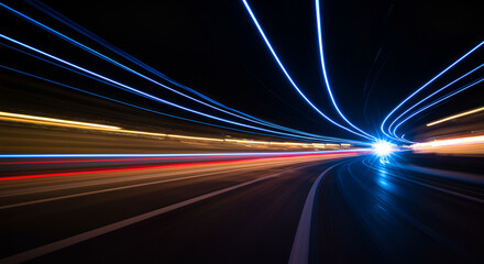 Abstract motion blur of light trails on a dark background in tunnel