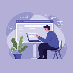 Person works on a laptop in front of a computer, plant nearby