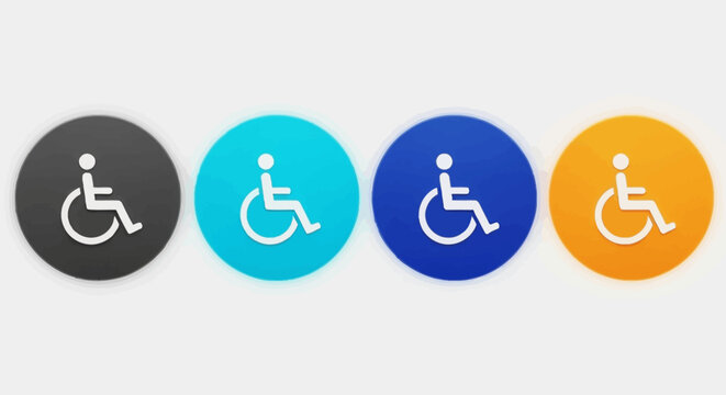 Set of four circular icons representing the universal symbol for accessibility and wheelchair users in various vibrant colors including grey teal blue and orange on a clean white background