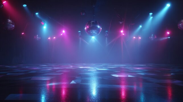 Vibrant disco lights and mirrored ball creating a lively party atmosphere