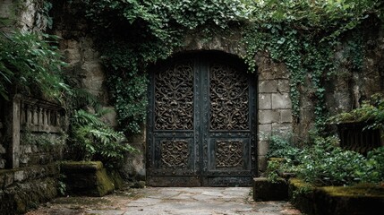 Fototapeta premium Ornate wrought iron gate surrounded by stone and green vines, suggesting a secret garden