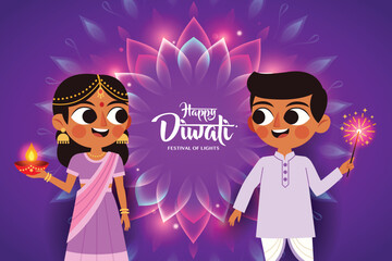 Festive Kids in Indian Traditional Dress in Happy Diwali Luminous Flower Rangoli