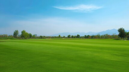 fairway. Vast green golf course under bright sunlight, capturing the tranquility of open landscapes. travel magazines, destination branding, designed for outdoor magazines and nature guides.