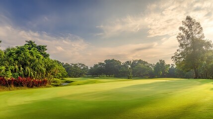 fairway. Vast green golf course under bright sunlight, capturing the tranquility of open landscapes. travel magazines, destination branding, designed for outdoor magazines and nature guides.