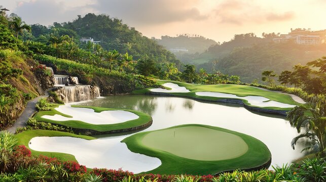 fairway. Vast green golf course under bright sunlight, capturing the tranquility of open landscapes. travel magazines, destination branding, designed for outdoor magazines and nature guides.
