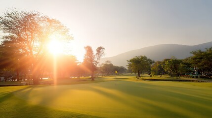 fairway. Vast green golf course under bright sunlight, capturing the tranquility of open landscapes. travel magazines, destination branding, designed for outdoor magazines and nature guides.