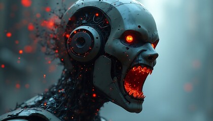 Menacing Robot Creature with Glowing Eyes and Open Mouth for Halloween Concept