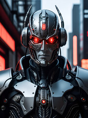Cyborg Cenobite in Dystopian Biomechanical World wears gothic, metallic armor adorned with exposed circuitry and wires glowing red eyes