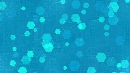 Scattered teal and cyan hexagons on a dotted teal background floating - Powered by Adobe