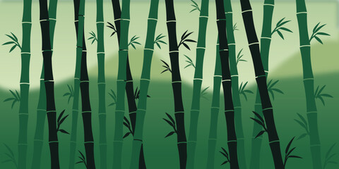 A serene and lush bamboo forest with tall green stalks and delicate leaves, creating a tranquil natural backdrop with a soft, misty atmosphere