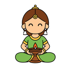 Indian Woman Holding Diya Oil Lamp