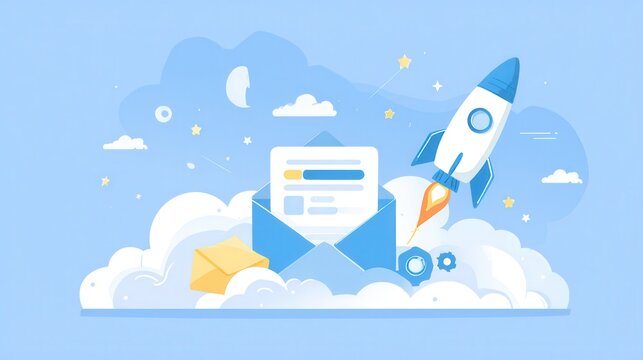 A rocket takes off from an envelope, symbolizing fast and efficient email communication. The sky is bright blue, filled with clouds and stars, representing creativity.