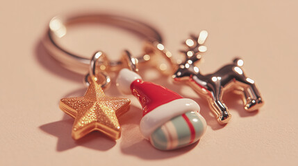 Festive Christmas keychain with reindeer, Santa hat, Christmas tree and ornament charm on beige background, holiday accessory for gift design and decoration