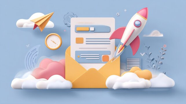 A colorful illustration shows a rocket taking off from an envelope, surrounded by clouds and playful elements like paper airplanes.