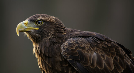 Fototapeta premium Majestic Wild Eagle Portrait With Piercing Golden Eye and Detailed Brown Feathers Against a Dark Background