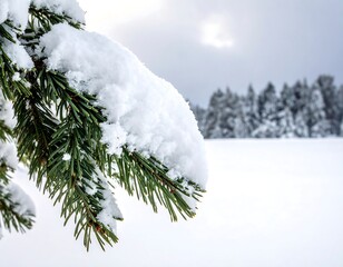 Snow-laden evergreen branch in focus against a blurred snowy landscape