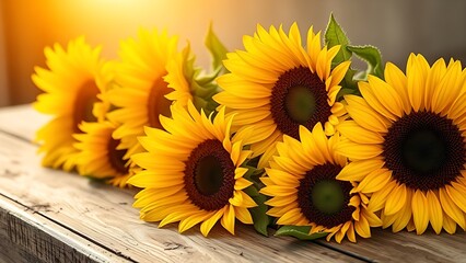 Sunflowers on a rustic wooden surface, warm golden hour light enhancing their natural beauty.