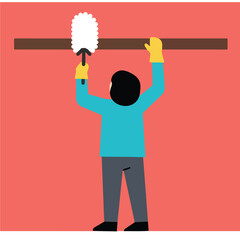 Graphic of person in gloves dusting above, back view on coral background