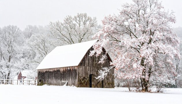 Snowy Barn in Winter Landscape