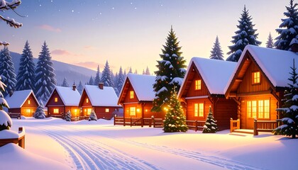 Fototapeta premium Cozy Winter Cabins in Snowy Landscape