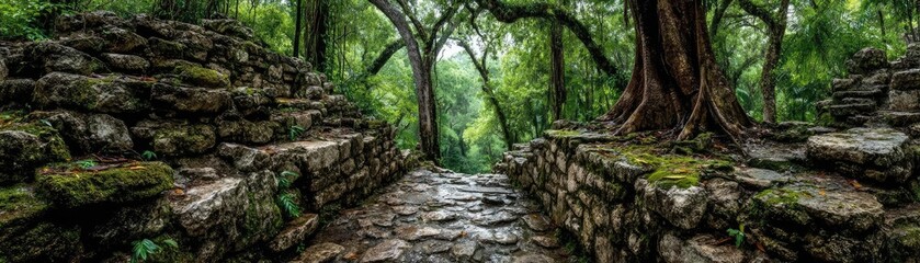Fototapeta premium Ancient overgrown mayan temple ruins in jungle concept. A serene pathway through a lush green forest with ancient stones.