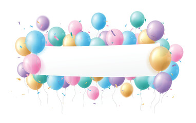 empty blank sign with pink, blue, and green pastel balloons, celebrations confetti