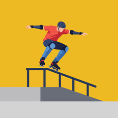 Naklejka premium Skater on a rail, wearing safety gear, on a yellow background
