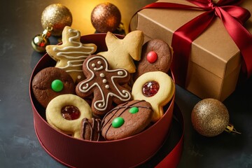 Christmas cookie round with golden ornaments and silk ribbon gift on slate backdrop