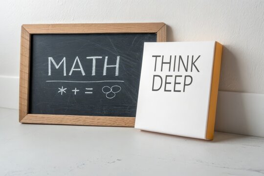 Chalkboard with Math Equations and a Box that Says Think Deep