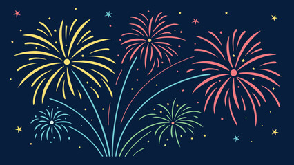 Naklejka premium Colorful Fireworks Celebration on a Dark Night Sky. Stylized Vector Illustration for New Year, Festival, Event, or Party Background Banner