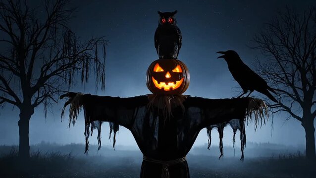 Spooky Halloween Scene with a Scarecrow, Jack-o'-lantern, Owl, and Crow at Night
