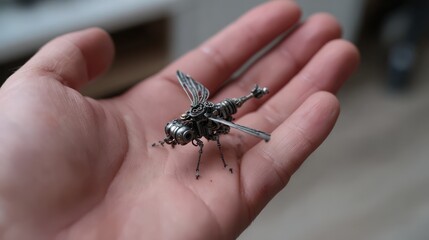 Intricate Metal Insect Held Gently in an Outstretched Hand