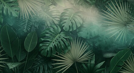 Fototapeta premium Lush green leaves of Monstera, banana and palm bathed in soft light,Exotic botanical escape: a serene and calming arrangement of tropical foliage, evoking a sense of tranquility