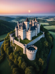 Drone view of medieval castle against sunset sky and moon