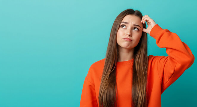 Stressed young woman ponders a difficult decision, looking up with a thoughtful expression against a vibrant teal background, perfect for conveying confusion or planning