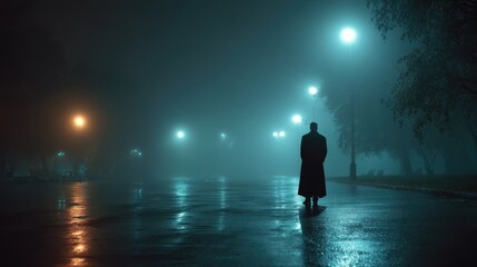 Obraz premium Lonely Figure Walks Through a Foggy Park at Night