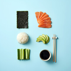 Deconstructed Japanese Sushi Ingredients on Minimal Background