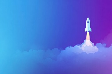 A rocket lifts off from a cloud-filled landscape, leaving a trail of smoke behind. The sky transitions from blue to purple, indicating early morning.