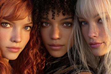 Obraz premium Close-up portrait of three diverse women, showcasing intricate details in facial features and expressions. Natural light highlights their individual beauty.