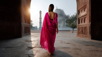 Woman in bright pink sari walking through archway towards Taj Mahal, sunlight creating long shadow, concept of Indian culture, heritage, and travel inspiration. taj mahal, woman in
