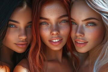 Three women with varied hair colors, close-up portrait, showcasing vibrant tones and detailed facial features.