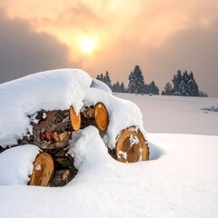 Snow-covered logs at sunset in a snowy field, with distant evergreens